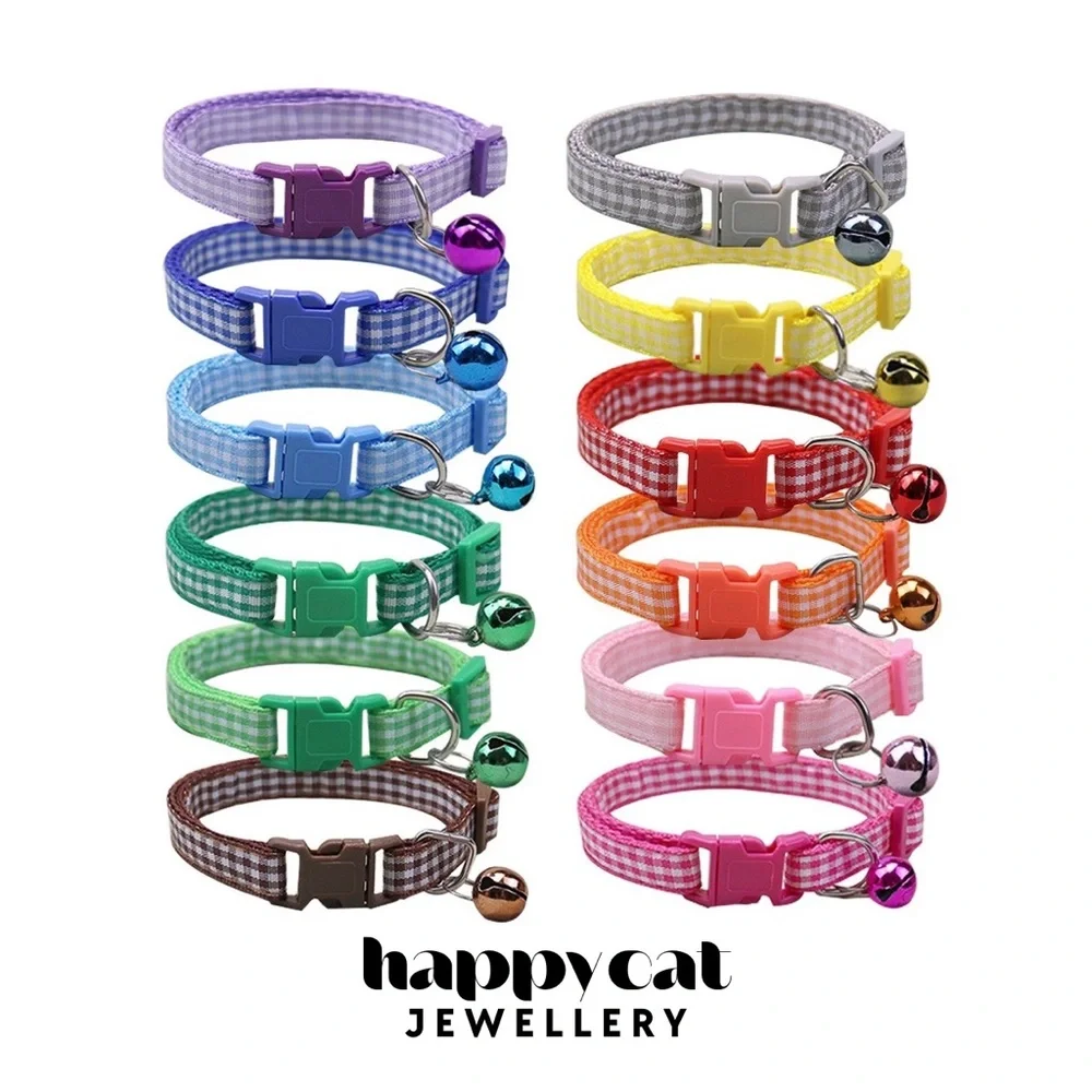 Pet Collar with Bell, Gingham Pattern, Adjustable Length, Dog and Cat Collar Set - Picture 1 of 3